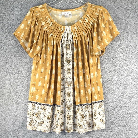 Style & Co. Tops - Style & Co Women's Top Short Sleeve Mustard Yellow Print Neck Pleats Size Medium